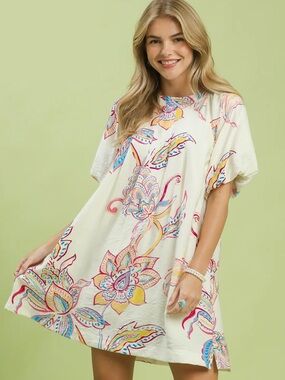 💗Hello Gorgeous! Umgee Boho Floral Print Mini Dress with Pockets-Off White